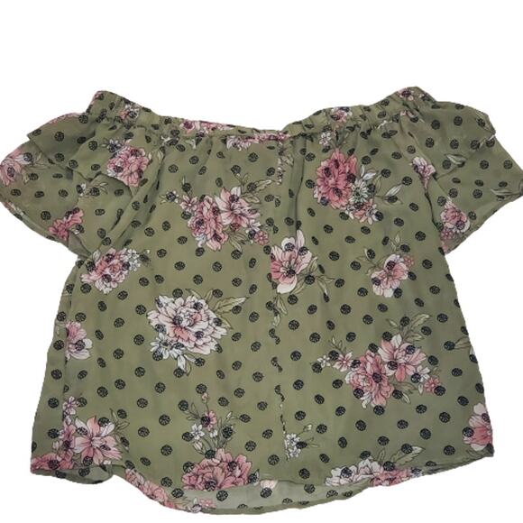 Blue Rain Off Shoulder Olive Pink Floral Lined Top Small - Picture 2 of 7